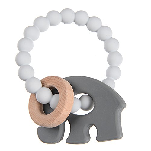 Chewbeads - Brooklyn Teether Baby Teething Toy (Baby Elephant). 100% Infant Safe Chewable Silicone and Wood Teething Ring for Soothing Gums and Easing Pain from Emerging Teeth. BPA Free