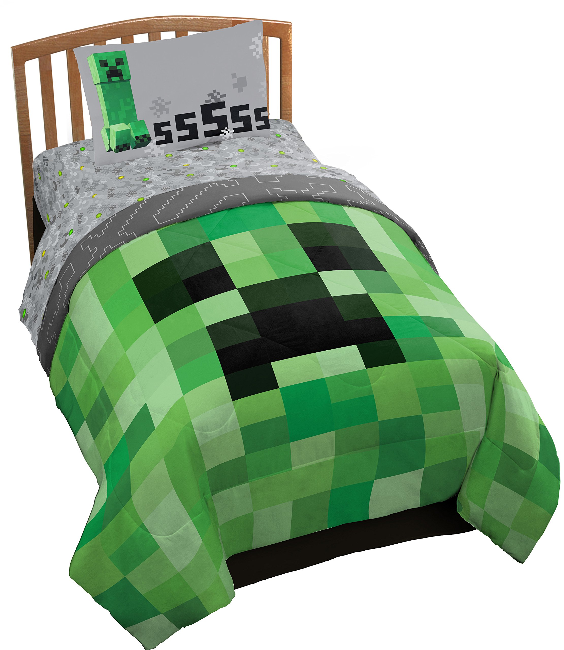 Book Cover Jay Franco Minecraft Creeper 4 Piece Twin Bed Set (Offical Product) Twin Green - Minecraft