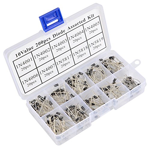 QLOUNI 200pcs 10 Value Rectifier Diode 1N4001~1N5819 Zener Diode Assortment Kit with Label & Clear Box