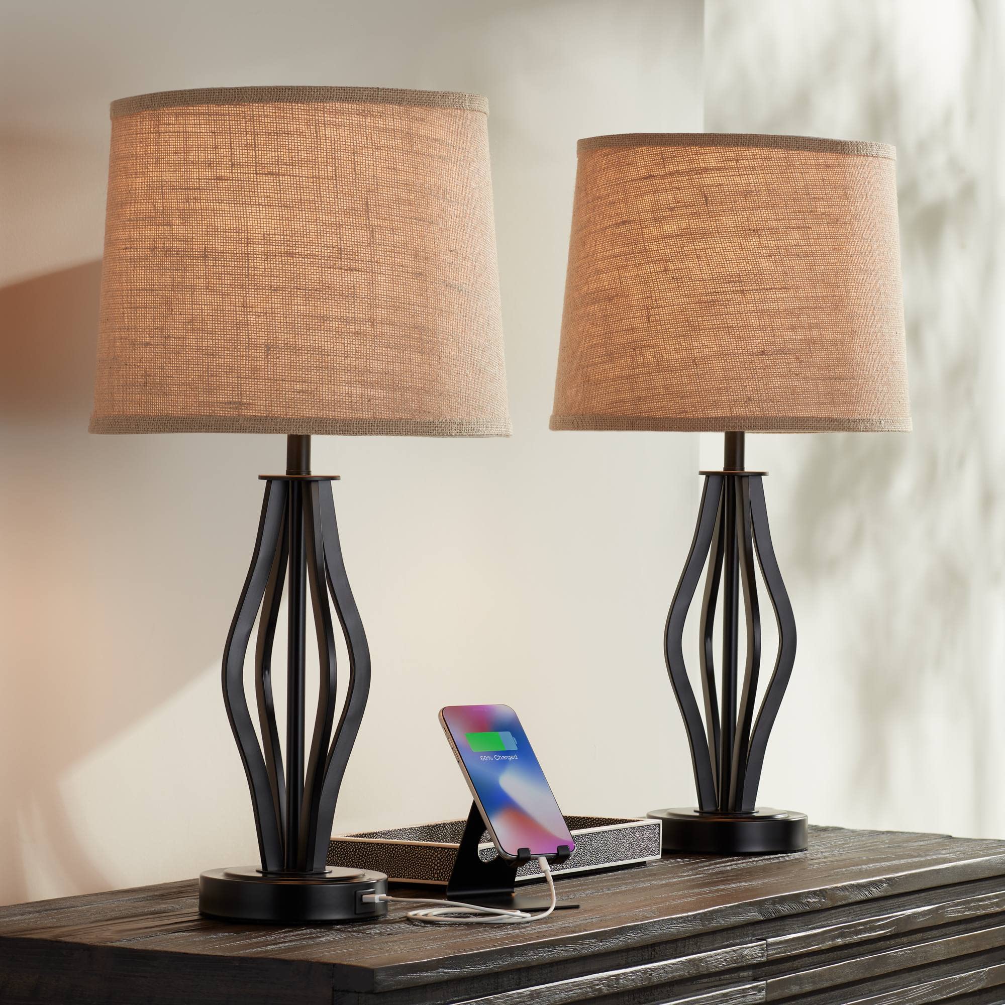 360 Lighting Heather Modern Industrial Table Lamps 25 3/4" Tall Set of 2 with USB Charging Port Dark Iron Bronze Burlap Drum Shade for Bedroom Living Room House Home Desk Bedside Nightstand Burlap Hardback Shade
