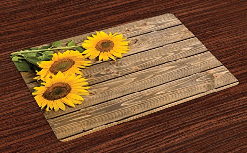 Book Cover Sunflower Place Mats Set of 4 by Lunarable, Three Sunflowers on Wooden Background at Top Left Corner Picture Print, Washable Placemats for Dining Room Kitchen Table Decoration, Umber Earth Yellow