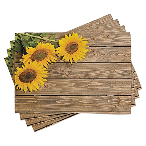 Lunarable Sunflower Place Mats Set of 4, 3 Sunflowers on Wooden Background at Top Left Corner Picture Print, Washable Fabric Placemats for Dining Table, Standard Size, Yellow Umber