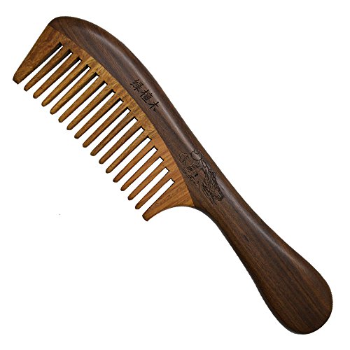 Xuanli Natural Green Sandalwood Wooden Comb - NO SNAGS, NO TANGLE, NO STATIC (Short Handle - Standard Tooth) (M028)