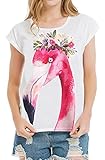futurino Women's Garland Flamingo Print Crewneck Short Sleeve T-Shirt Top Tees L White