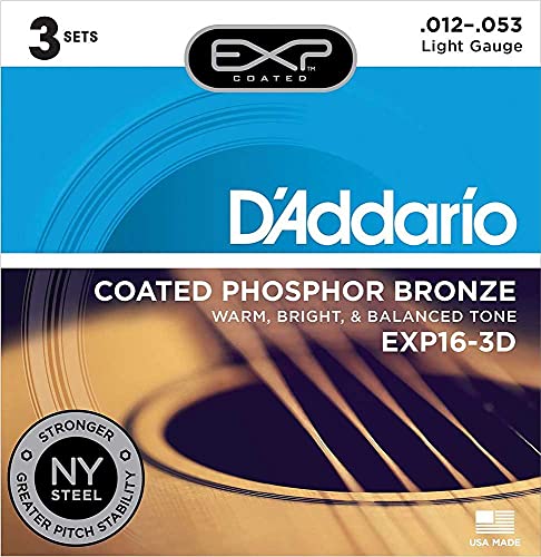 D’Addario EXP16 Coated Phosphor Bronze Acoustic Guitar Strings, Light, 12-53 – Offers a Warm, Bright and Well-Balanced Acoustic Tone and 4x Longer Life - With NY Steel for Strength and Pitch Stability