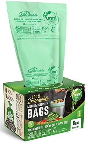 Book Cover UNNI ASTM D6400 100% Compostable Trash Bags, 6-8 Gallon, 30L, 100 Count, Heavy Duty 0.85 Mils, Medium Home Garbage Liners, Portable Toilet Replacement Bags, US BPI and Europe OK Compost Home Certified