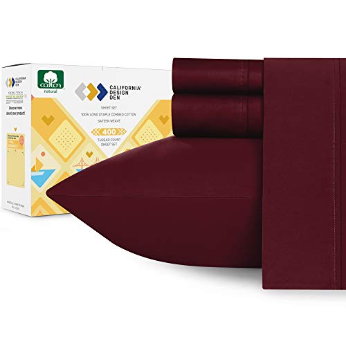 Book Cover 400-Thread-Count Queen Cotton Sheet Set - Solid Burgundy Red Wine Washable Bedding, Sateen Weave 4 Piece Bed Sheet Set, Elasticized Deep Pocket Fits Low Profile Foam and Tall Mattresses