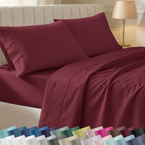 400-Thread-Count Queen Cotton Sheet Set - Solid Burgundy Red Wine Washable Bedding, Sateen Weave 4 Piece Bed Sheet Set, Elasticized Deep Pocket Fits Low Profile Foam and Tall Mattresses