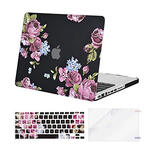 MOSISO Compatible with MacBook Pro 13 inch Case with CD-ROM (Model: A1278, Old Version Release 2012-2008), Plastic Pattern Hard Shell Case & Keyboard Cover & Screen Protector, Purple Peony