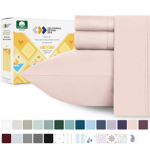 Book Cover California Design Den 400 Thread Count 100% Cotton Sheet Set, Peachy Blush King Sheets 4 Piece Set, Long-Staple Combed Pure Natural Cotton Bedsheets, Soft & Silky Sateen Weave