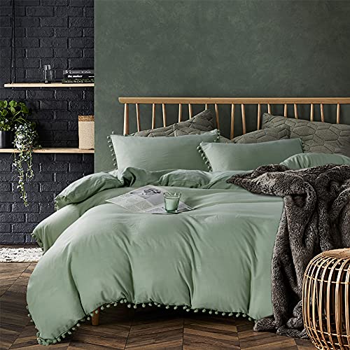 Book Cover AiMay 3 Piece Duvet Cover Set Queen Size Green Bedding Sets Super Soft 100% Double Water Brushed Microfiber Boho Ball Fringe Cute Breathable Skin-Friendly (Green, Queen)