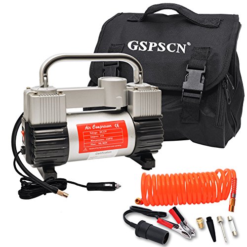 Book Cover GSPSCN Silver Inflator Heavy Duty Double Cylinders with Portable Bag 12V Metal Compressor Pump 150PSI with Adapter to 150 PSI for Car, Truck, SUV Tires, Dinghy, Air Bed etc