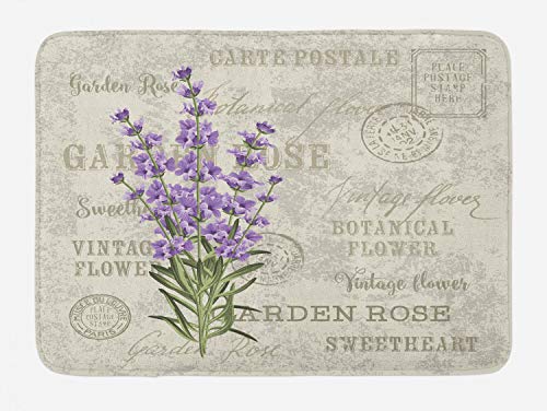 Lunarable Lavender Bath Mat, Vintage Postcard Composition Grunge Display and Flowers, Plush Bathroom Decor Mat with Non Slip Backing, 30.2" x 20", Reseda Green Lavender