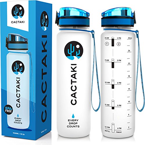 Book Cover Cactaki Water Bottle with Time Marker, Large BPA Free Water Bottle, Non-Toxic, 1 Liter 32 Oz, for Fitness and Outdoor Enthusiasts, Leakproof and Durable