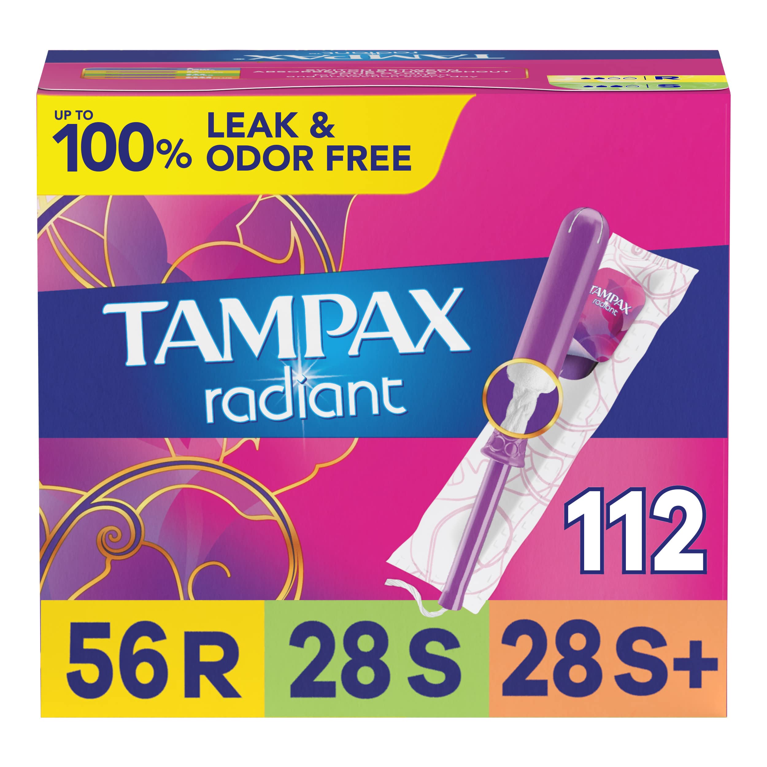 Tampax Radiant Tampons Multipack, Regular/Super/Super Plus Absorbency, With Leakguard Braid, Unscented, 28 Count x 4 Packs (112 Count total) Regular/Super/Super Plus Multipack