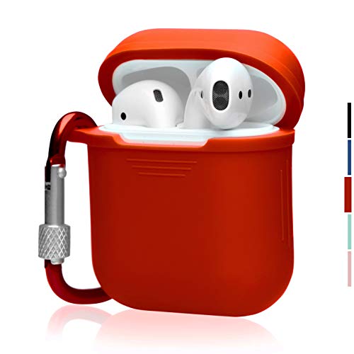 The OAKS Improved Airpods Case Protective Cover Skin with Lockable Carabiner and Airpods Strap Compatible with Airpods Charger Case (5 Colours Available) (Red)