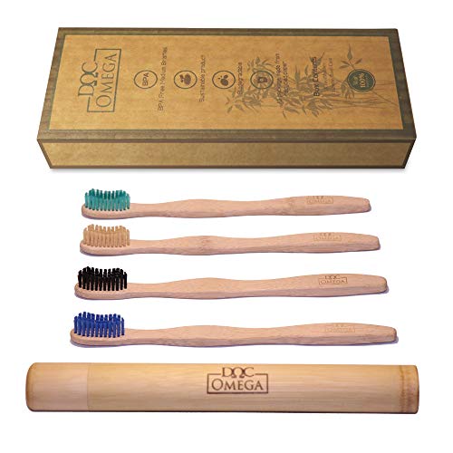 Doc Omega Biodegradable Bamboo Toothbrush with BPA Free Medium Bristles and 1 Bamboo Travel Case, ECO-Friendly Packaging and Quality Vegan Product