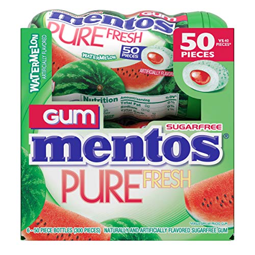 Book Cover Mentos Pure Fresh Sugar-Free Chewing Gum with Xylitol, Watermelon, Holiday Candy, Bulk, 50 Piece Bottle (Pack of 6)