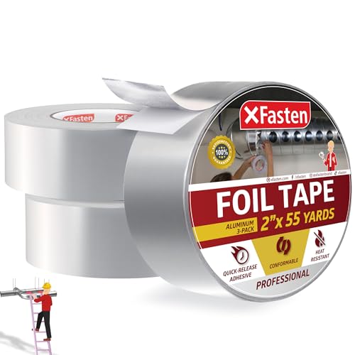 XFasten Aluminum Foil Reflective Duct Tape, 3.6 mils, 2 Inches x 165 Feet (3-Pack, 495 Feet Total) Heavy-Duty HVAC Aluminum Metal Duct Tape for Metal Pipes, Air Vents, Furnace, and AC Units
