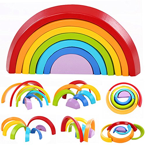 Book Cover Lewo Wooden Rainbow Stacking Game Learning Toy Geometry Building Blocks Educational Toys for Kids Baby Toddlers (Rainbow)