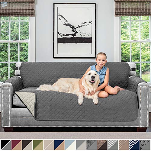 Sofa Shield Original Patent Pending Reversible Large Sofa Protector for Seat Width up to 70 Inch, Furniture Slipcover, 2 Inch Strap, Couch Slip Cover Throw for Pets, Kids, Cats, Sofa, Charcoal Linen