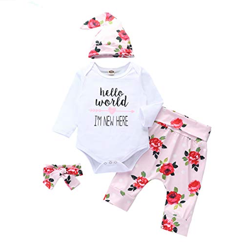 OUTGLE Newborn Baby Girl Pink Polka Dot Romper + Trouser + Hat + Headband Clothing Set Winter Outfits