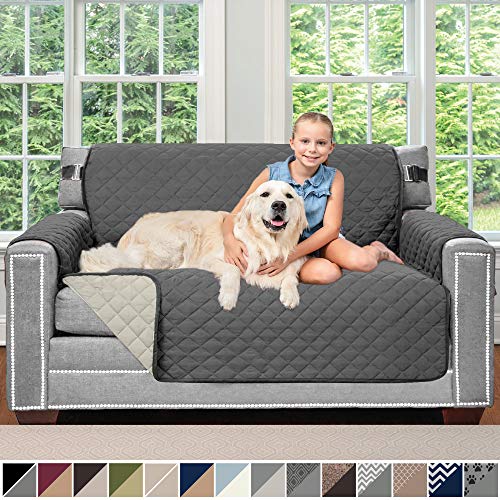 Sofa Shield Original Patent Pending Reversible Loveseat Protector for Seat Width up to 54 Inch, Furniture Slipcover, 2 Inch Strap, Couch Slip Cover Throw for Pets, Dogs, Love Seat, Charcoal Linen