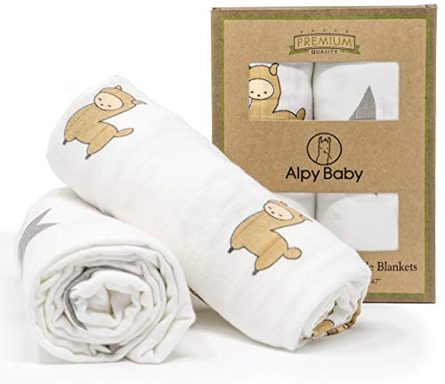 Alpy Baby Bamboo Muslin Swaddle Blankets - Soft Breathable Newborn Swaddling Wrap - 47 x 47 Inch Nursery Receiving Blanket, Stroller Canopy, Breastfeeding Cover, Burp Cloth - Set of 2, Star Llama
