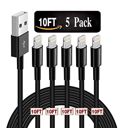 Book Cover SMALLElectric Charger Cable 5Pack 10FT for iPhone Charger Cable Data Sync Charging Long USB Cord Compatible with Apple iPhone X / 8 Plus / 7/6 / 5S / iPad/iPod, Black