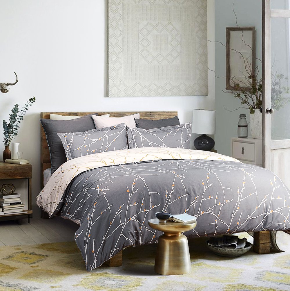 Bedsure Printed Duvet Cover Set Full/Queen Size Grey/Ivory - Pattern Comforter Cover with Zipper Closure 3 Pieces (1 Duvet Cover + 2 Pillow Shams, 86x96 inches)