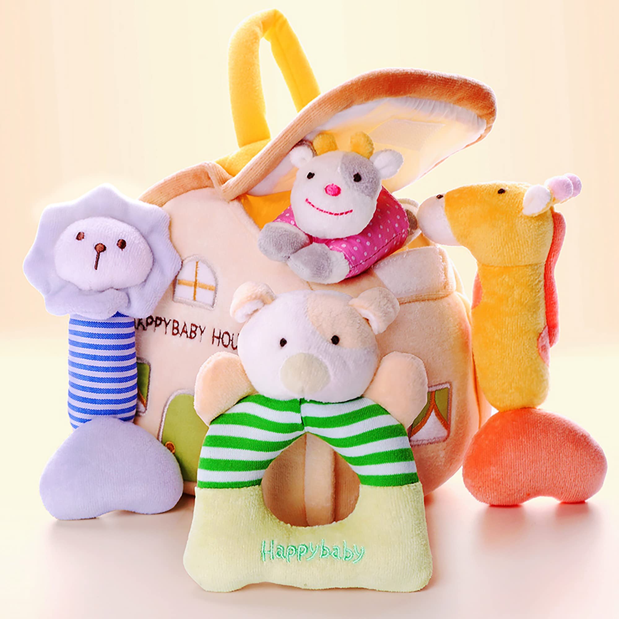 iPlay, iLearn 4 Plush Baby Soft Rattle Toys, Hand Grab Sensory Shaker, Farm Stuffed Animal Set, Infant Easter Basket Girls, Unique Newborn Shower Gifts for 2 3 6 9 12 18 Month 1 Year Old Boys Toddlers House