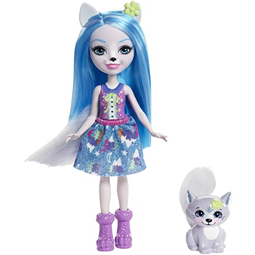 Enchantimals Mini-poupée Winsley Loup et Figurine Animale Trooper, aux cheveux bleus avec jupe à motifs en tissu, jouet enfant, FRH40