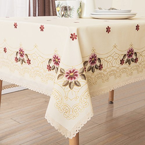 Wewoch Decorative Red Floral Print Lace Water Resistant Tablecloth Wrinkle Free and Stain Resistant Fabric Tablecloths for Kitchen Room 60 Inch by 120 Inch