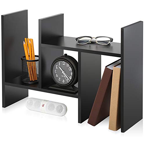 Book Cover FITUEYES Desktop Shelves Office Desk Organizer Storage Rack Free Style Adjustable Wood Display Stand Shelf Racks Counter Top Bookshelf, Black, DT207201WB