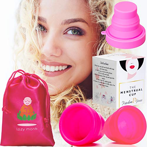 Book Cover Lazy Monk Menstrual Cup Pack 2 Reusable Period Cups Small & Large, Foldable Compact Case Holder & Pouch | Soft La Copa Menstrual Organic Menstral Disc Menstruation Set | Menstration Women Feminine Cup