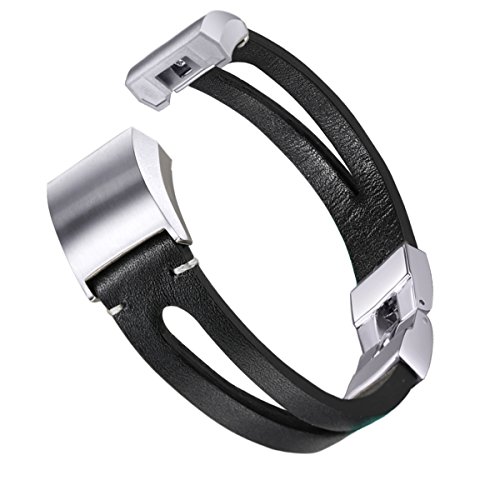 bayite Leather Bands Compatible Fitbit Charge 2, Leather Band Metal Clasp Smartwatch Replacement Accessory Bracelet, Black with Hole, Large