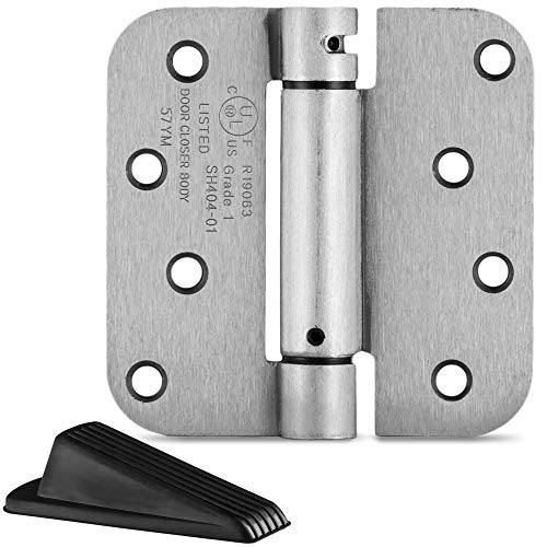 Berlin Modisch 4" x 4" Mortise Spring Hinge with 5/8" Radius Corners, Self Closing, Satin Nickel Finish - Pack of 4 Hinges Item Includes Rubber Wedge Door Stopper