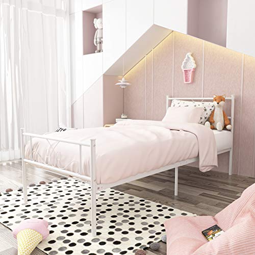 Book Cover SimLife Single Bed Platform Kids Boys Adult No Box Spring Needed Princess White Twin Size Bed Frame with Headboard and Footboard Mattress Foundation
