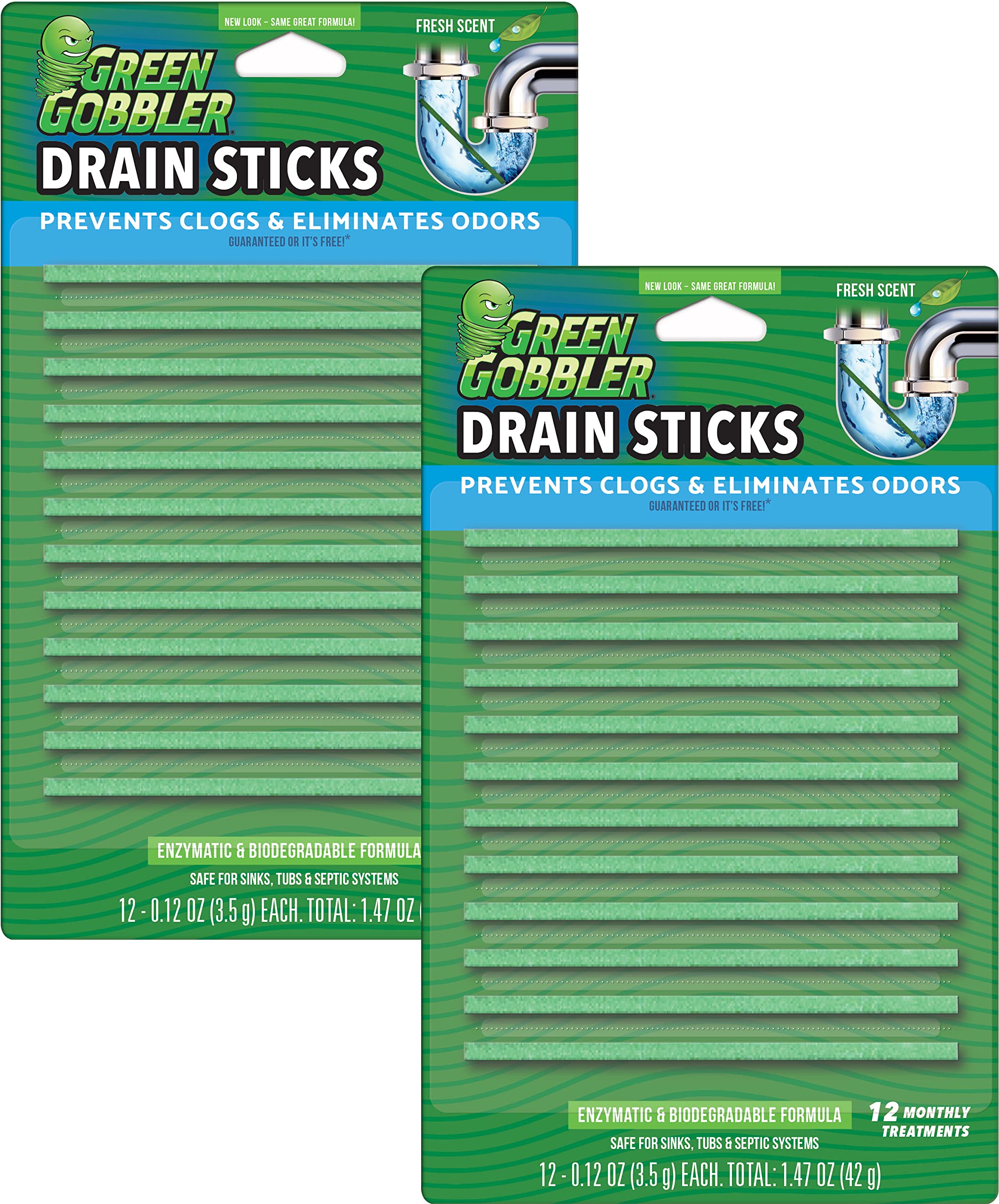 Book Cover Green Gobbler Drain Cleaner & Deodorizer FRESH SCENT Sticks for Toilet Tanks, Sinks, Bathtub Drains, Washing Machine Drains and Garbage Disposals - 24 Pieces
