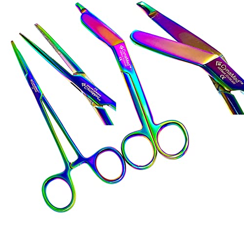 Book Cover New Premium Lister Bandage Scissors 5.5 inches Plus Hemostat Forceps Straight Multi Color Rainbow Color Stainless Steel Set of 2