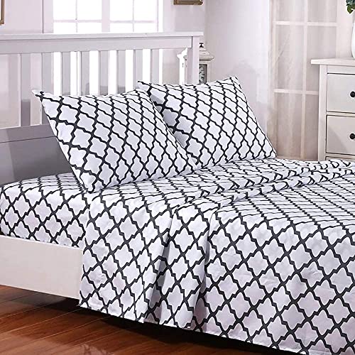 Book Cover LDC Queen Bed Sheets Set - Queen Sheets Brushed Microfiber 1800 Thread Count Bedding -Wrinkle, Stain, Fade Resistant -Deep Pocket Queen Size Sheets Set -4 PC (Queen, Quatrefoil White)