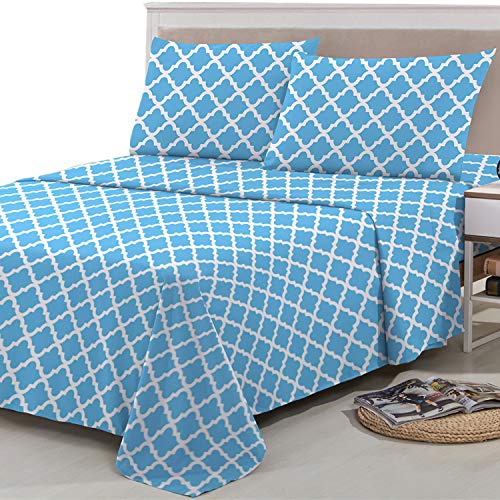 Lux Decor Collection King Bed Sheets Set -King Sheets Brushed Microfiber 1800 Thread Count Bedding -Wrinkle, Stain, Fade Resistant -Deep Pocket King Size Sheets Set -4 PC(King, Quatrefoil Aqua Blue)