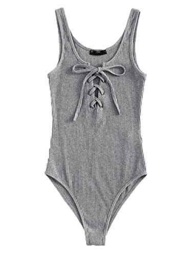 MAKEMECHIC Women's Sleeveless Lace Up Knit Sexy Leotard Bodysuit