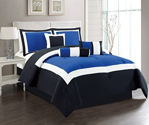 Book Cover Grand Linen 7 Piece Oversize Teal Blue/Black/Grey Color Block Comforter Set 104