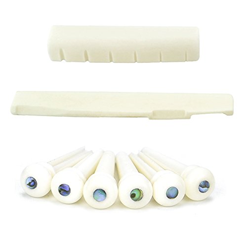 Luvay 6pcs Guitar Bone Bridge Pins + Guitar Bone Bridge Saddle & Nut, Made of Real Bone for Acoustic Guitar