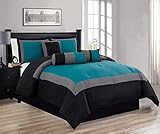 Grand Linen 7 Piece Oversize Teal Blue/Black/Grey Color Block Comforter Set 104" X 92" King Size Bedding