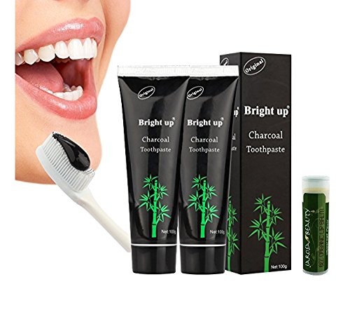 Activated Charcoal Teeth Whitening Toothpaste 2 Pack with a Jarosa Organic Lip Balm 3d White, Organic Bamboo Charcoal, Destroys Bad Breath Removes Smoke Stains and Coffee Stains, 4 oz By Bright Up