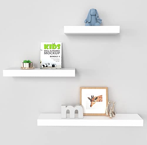 Ballucci Modern Floating Shelves for Wall, Set of 3 Wood Wall Mount Ledges for Living Room, Bedroom, Nursery, Bathroom, Kitchen, 12", 16", 24" - White