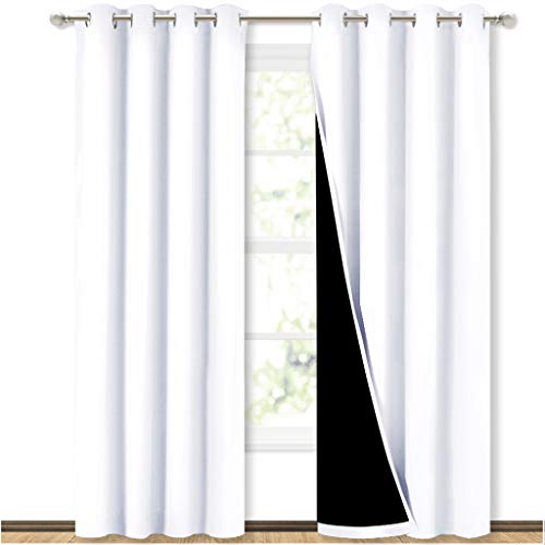 Book Cover 100% Blackout Window Curtain Panels - NICETOWN Home Fashion Full Light Blocking Drapes with Black Liner for Nursery, 84 Inches Drop Thermal Insulated Draperies (White, 2 Pieces, 52