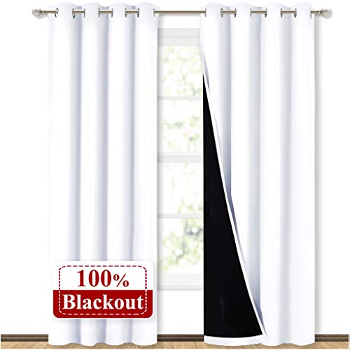 100% Blackout Window Curtain Panels - NICETOWN Home Fashion Full Light Blocking Drapes with Black Liner for Nursery, 84 Inches Drop Thermal Insulated Draperies (White, 2 Pieces, 52" Wide Each Panel)